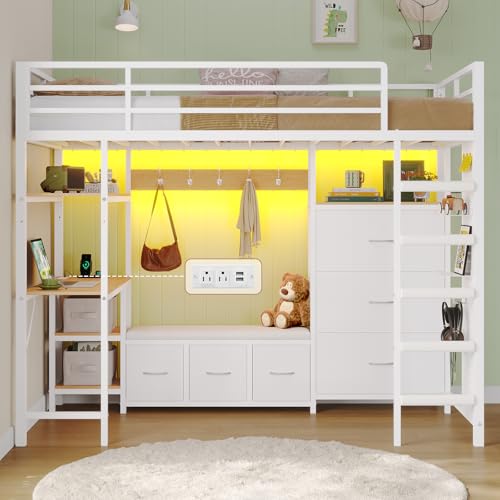 DICTAC Twin Loft Bed with 6 Storage Drawers,Coat Rack and Open Shelves Metal Twin Size Loft Bed with...