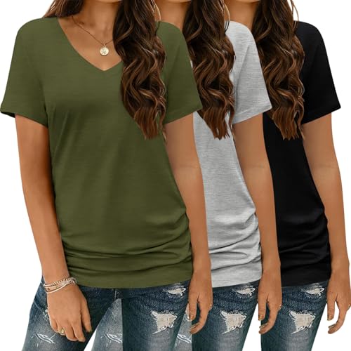 Reviews de Color Verde Militar los mejores 5. 41 VIOPY 3 Piezas Playeras Manga Corta Mujer Cuello V Camisetas para Mujeres Basicos Color Sólido Top Suave Casual Blusas (Verde Militar, CH)