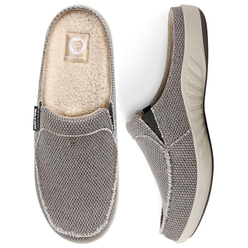 Mens House Slippers with Arch Support, Canvas Slipper for Men with Fuzzy Wool Insole and...