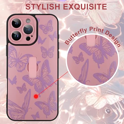 Image of for iPhone 16 Pro Case with Finger Strap Holder, Cute Cool Butterfly Print Pattern Design for Women Girls, Shockproof Anti Scratch Hand Kickstand Protective Cover, Pink