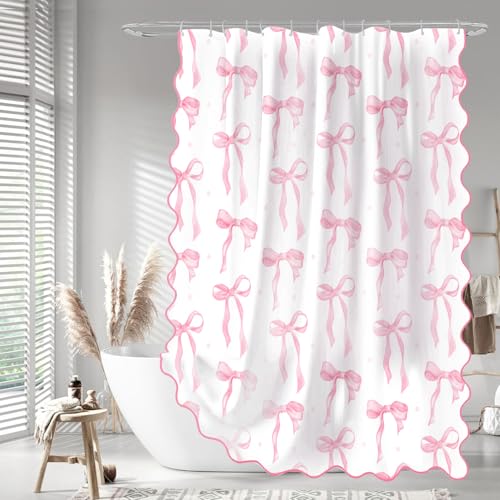 MUGINYU Girls Pink Bow Shower Curtain with Scalloped for Preppy Bathroom Decor Cute Ruffle Girly Shower Curtains Coquettecute Chic Aesthetic Shower Curtain Set with Hooks 72x72 Inch