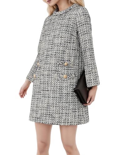 Kedera Womens Long Sleeve Tweed Dress Elegant Crew Neck A-line Party Vintage Mini Skirt Causal Dresses