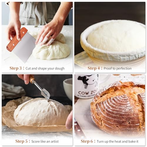 Image of Dimpola Banneton Bread Proofing Basket Banneton Basket Set Sourdough Proofing Basket Round Proofing Bowls Handmade Rattan Baskets and Liners (Round 9 inch Baking Set)