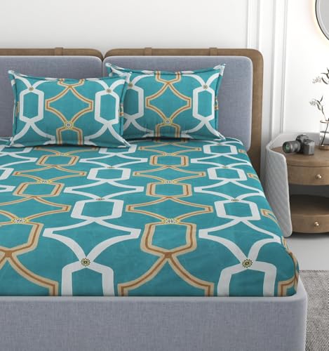 Image of VOMZER 320 TC Cotton Feel All Around Elastic Fitted Printed Bedsheets King Size, Premium Fitted Bedsheets King Size for Double Bed with 2 Pillow Covers, Size- 78 inch x 72 inch, Multicolour