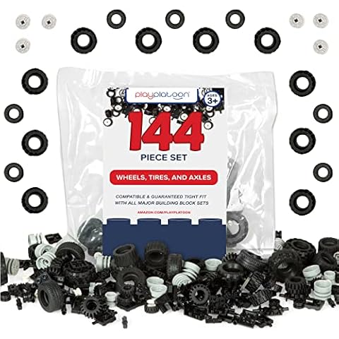 Play Platoon 144 Piece Wheels and Axles Sets, Building Bricks Car Parts and Pieces Kit - Car Building Set with Wheels, Axles & Windshields Cover