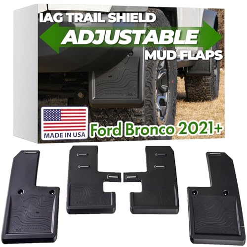 IAG Trail Shield Mud Flaps Adjustable No Drill Patented Made in USA Splash Guards for Ford Bronco 2021+ 2/4 Door Fits Sasquatch Badlands Big Bend Heritage Front & Rear (Not Raptor or Sport)