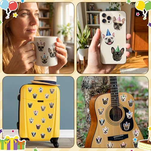 Image of Realistic French Bulldog Stickers - 1000 Pcs Bulldog Birthday Hat Design Waterproof Vinyl with Repositionable Adhesive for Pet Party Decorations Gift Wrapping Laptop Water Bottle DIY Crafts