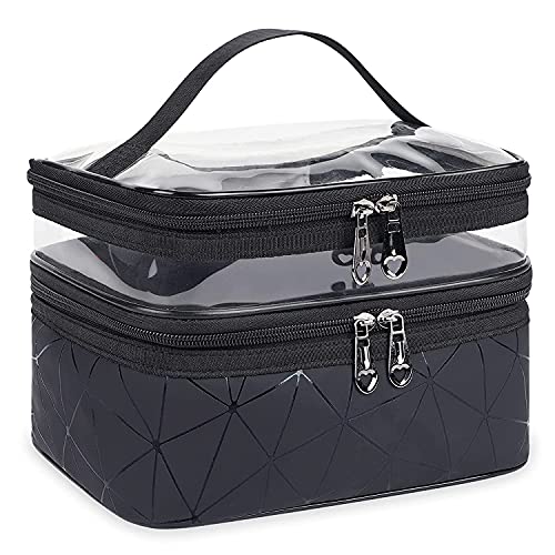 Image of House of Quirk PVC Makeup Bags Double Layer Travel Cosmetic Cases Make Up Organizer Toiletry Bags (Black)