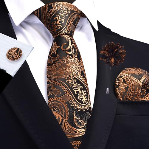 Image of GUSLESON Paisley Tie Set for Men 3.15 inch Necktie Lapel Pin Hankerchief Cufflinks Set for Men