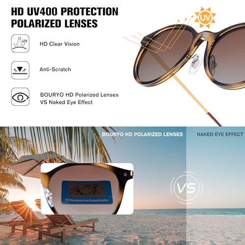 Bouryo Polarized Sunglasses for Women Men - Vintage Round Sun Glasses - Lightweight Metal Fashion Shades 5