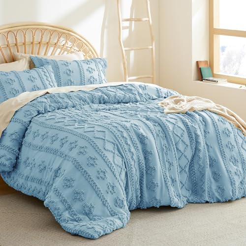 Bedsure Tufted Boho Comforter Set Twin Size - Dusty Blue Boho Bed Set, GentleSoft™ 2 Pieces Farmhouse Shabby Chic Embroidery Bedding, Gifts for Woman, Soft Jacquard Twin Comforter for All Seasons