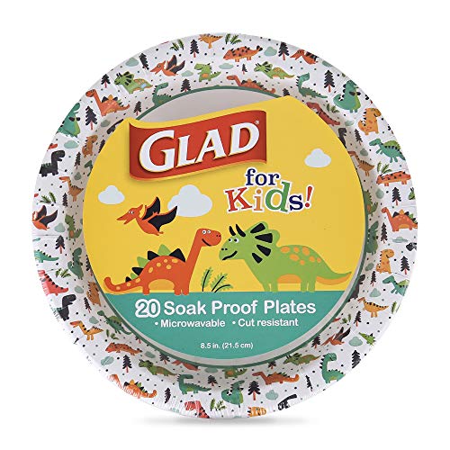 Glad for Kids 8 1/2-Inch Paper Plates|Small Round Paper Plates with Dinosaurs for Kids|Heavy Duty Disposable Soak Proof Microwavable Paper Plates, 8.5" Round Plates 20ct| Kids Plates, Dinosaur Plates