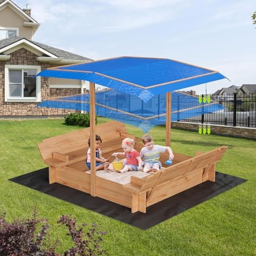 Wooden Sandbox with Lid & Cover for Kids Ages 4-8, Outdoor Sand Pit with 2 Bench Seats, Bottom Liner, Adjustable Height & Rotatable Canopy – Perfect for Beach, Patio, and Backyard Fun!
