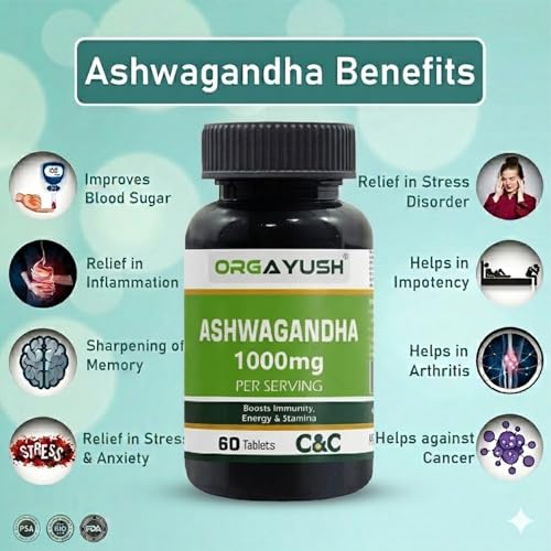 Image of Organic Ashwagandha 1000mg Tablets - Energy, Strength & Stamina Support Supplement, Stress Support & Sleep Wellness Formula with Himalayan Ashwagandha (Pack of 3)
