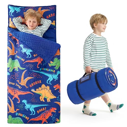 Image of JOIEDOMI Toddler Sleeping Bag for Kids 55''x30'' Nap Mat with Removable Pillow and Minky Blanket for Toddler Ages 3-7 Roll Up Soft Kids Sleeping Bag for Boys Girls Kindergarten Daycare Sleepover
