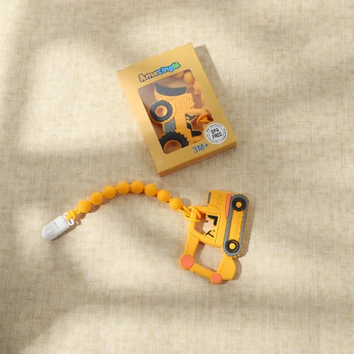Image of Baby Food Grade Silicone Carrier Vehicle Teether Toy with Pacifier Clip Holder,Teething Toys Gift Set for 3 Months+ Boys and Girls,Freezer Safe,BPA Free. (Bulldozer)