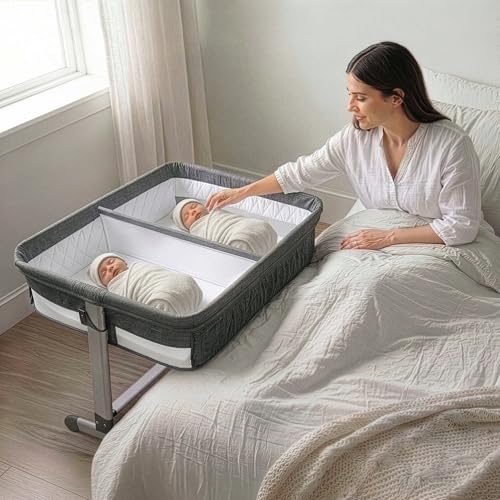 Image of Simmons Kids By The Bed City Sleeper Bassinet for Twins - Adjustable Height Portable Crib with Wheels & Airflow Mesh, Grey Tweed