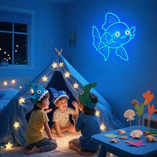 Image of Neon Signs for Wall Decor Lucky Blue Goldfish LED Signs for Wall Art Decor Ocean theme Restaurant Home Bar Kitchen Dining Bedroom Decor Christmas Gifts