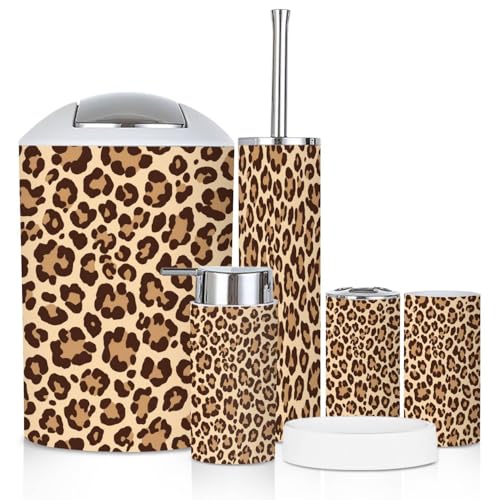 Bathroom Accessory Set 6 Piece Leopard Fur Fashionable Print Modern Panther Animal Toothbrush Holder Toothbrush Cup Soap Dispenser Soap Dish Toilet Brush Holder Trash can for Countertop