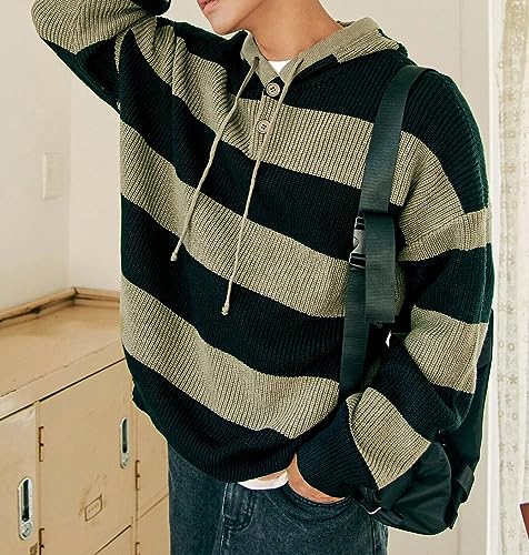 YEMOCILE Men's Striped Knit Pullover Hoodie Button Henley Side Slit Long Sleeve Drawstring Preppy Hooded Sweater3