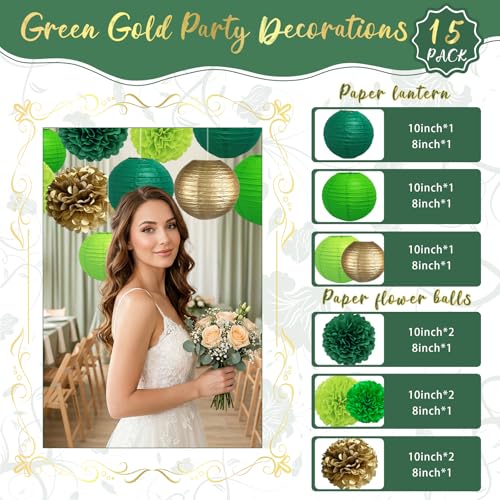 Image of KAXIXI 15-Pack Green and Gold Party Decorations, Paper Lanterns & Pom Poms
