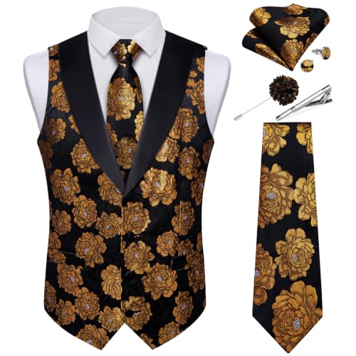 Image of DiBanGu Mens Paisley Suit Vest Silk Jacquard Waistcoat and Necktie Set Formal Shawl Collar Dress Vest 7PCS for Wedding Party