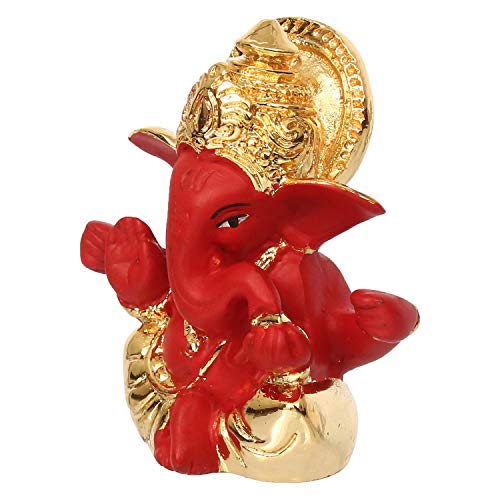 Image of eCraftIndia Gold Plated Red Mukut Ganesha Decorative Showpiece for Home /Temple /Office