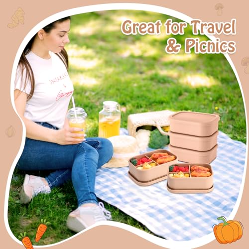 Image of Honeydak 4 Pcs Silicone Bento Box, 3 Compartment Lunch Food Container for Women Men, Leak Proof Microwave Easy to Clean Dishwasher Freezer Safe (Yellow)