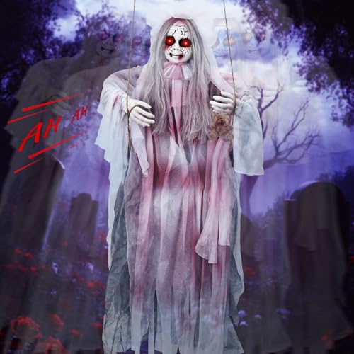 Creepy Halloween Hanging Ghosts, Animatronic Scary Hanging Swinging Girl Ghost with Sound & Sensor Activated, Light Up Eyes, Creepy Expressions, Spooky Halloween Indoor Outdoor Doll Decor Props