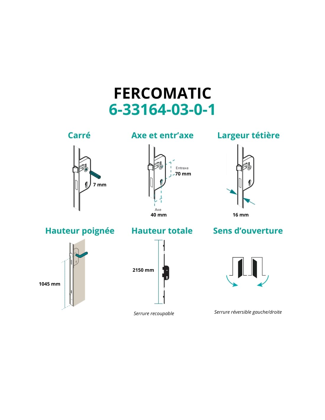 FERCO - Boîtier de Serrure Encastrable Fercomatic à Cylindre - Porte d'Entrée - Axe 40 mm - 3 Points - Hauteur 2150 mm - Verrouillage Par Galets - Réversible - 6-33164-03-0-1 - Gris