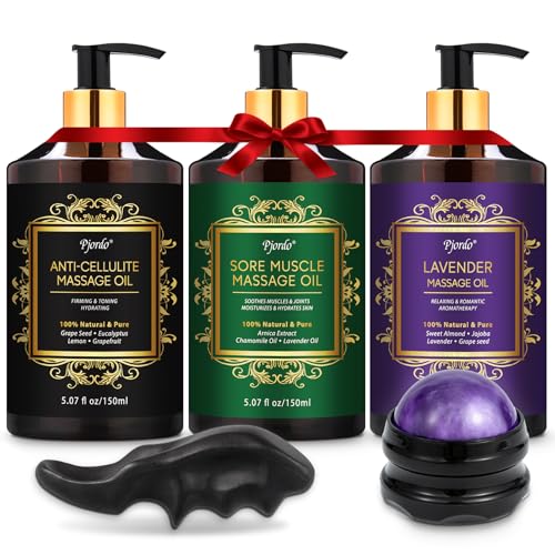 3 Pack Massage Oil for Massage Therapy, Lavender Oil for Relaxation, Sore Muscle Arnica Oil & Cellulite Massage Oil, with Massage Roller Ball & Thumb Saver Massage Tool, Massage Kit for Him Her