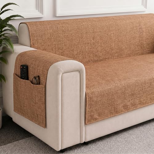 Image of STITCHNEST 'ComfyNest Series' 3 Seater Sofa Cover | Full Coverage with Armrest Pocket | Elegant Jute Fabric, Washable & Durable for Modern Living