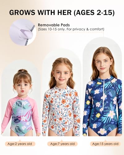 Image of Century Star UPF 50+ Girls Long Sleeve Swimsuit - Rash Guard Swimsuit Toddler Kids Teen One Piece Bathing Suit Zip 2-15Y