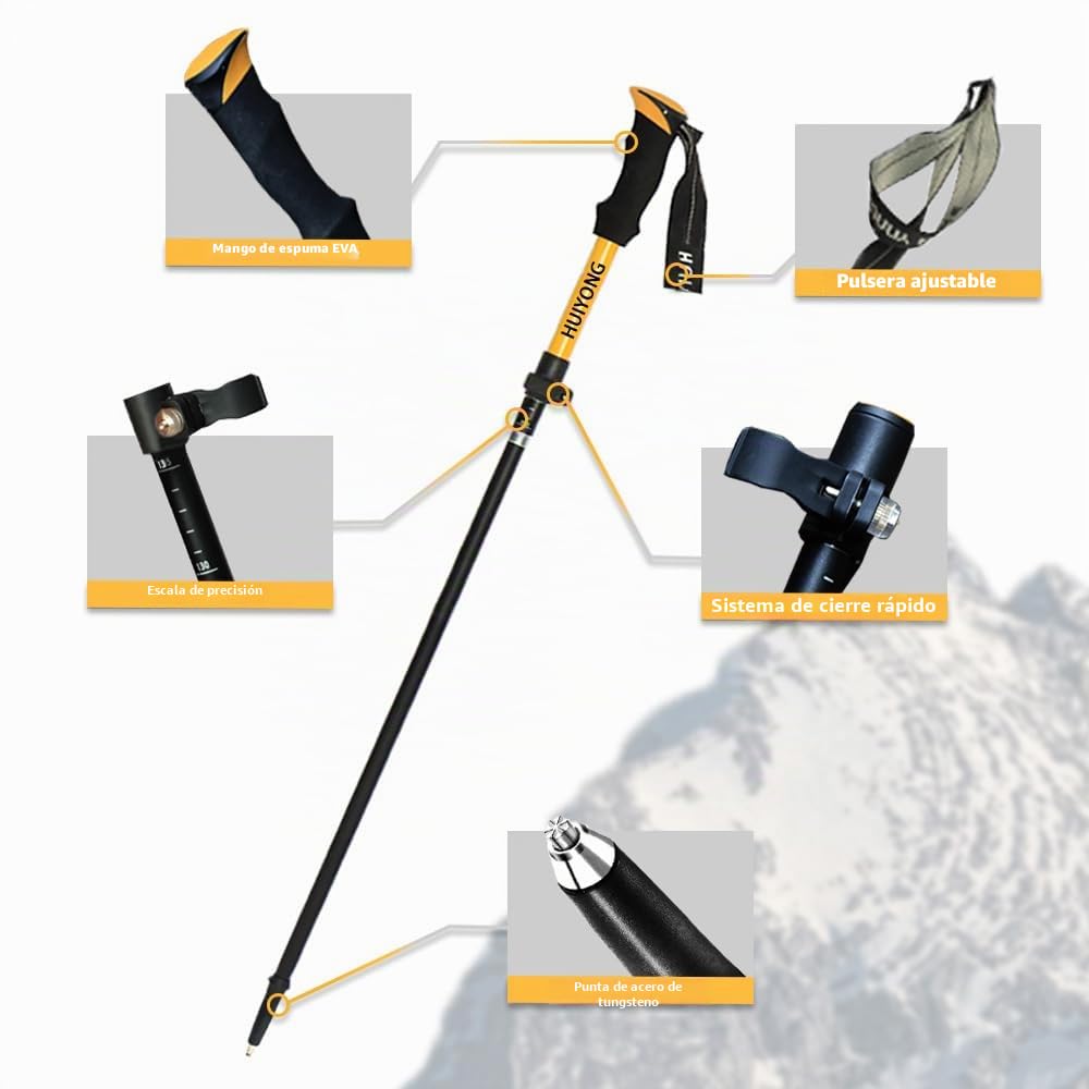 HUINING Bastones de senderismo plegables, 2 bastones de trekking de aluminio, para hombre y mujer, ligeros y plegables, ajustables, 115-135 cm, para deportes de montaña, senderismo y excursionismo