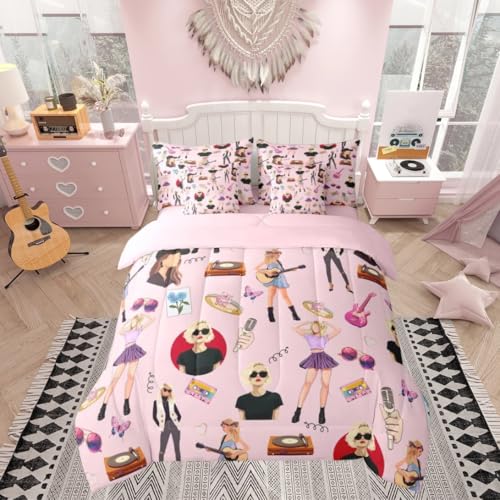Music Bedding Set Twin Size Girls Singer Bed in a Bag Gifts for Women Music Lovers Guitar Comforter Set 7 Pieces Coworker Sister Friends Bed Set with Comforter, Sheets, Pillowcase, Cushion Cover Pink