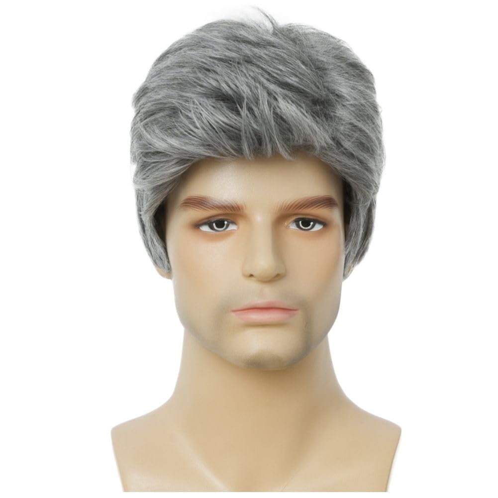 Salaibs Grey Short Wigs for Men Natural Layered Synthetic Hair Wig Realistic Heat Resistant Male Daily Cap Wig - Image 2