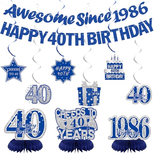 Image of Crenics Blue 1986 40th Birthday Decorations for Men or Women | Happy 40th Birthday Banner, Awesome Since 1986 Banner, Honeycomb Centerpieces and Hanging Swirls for 40 years old Party Supp