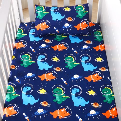 Image of JISEN 3 Piece Crib Bedding Set for Baby Boys Girls Space Dinosaurs Blue | Soft Breathable Microfiber, Crib Comforter Set with Comforter, Sheet, Pillowcase, Standard Size, Baby Nursery, Shower Gift