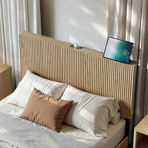 Image of Evermagin Oak Full Floating Bed Frame with Headboard | Boho Fluted Platform Bed with LED Lights, Heavy Duty Floating Bedframe with Charging Station, No Box Spring Needed