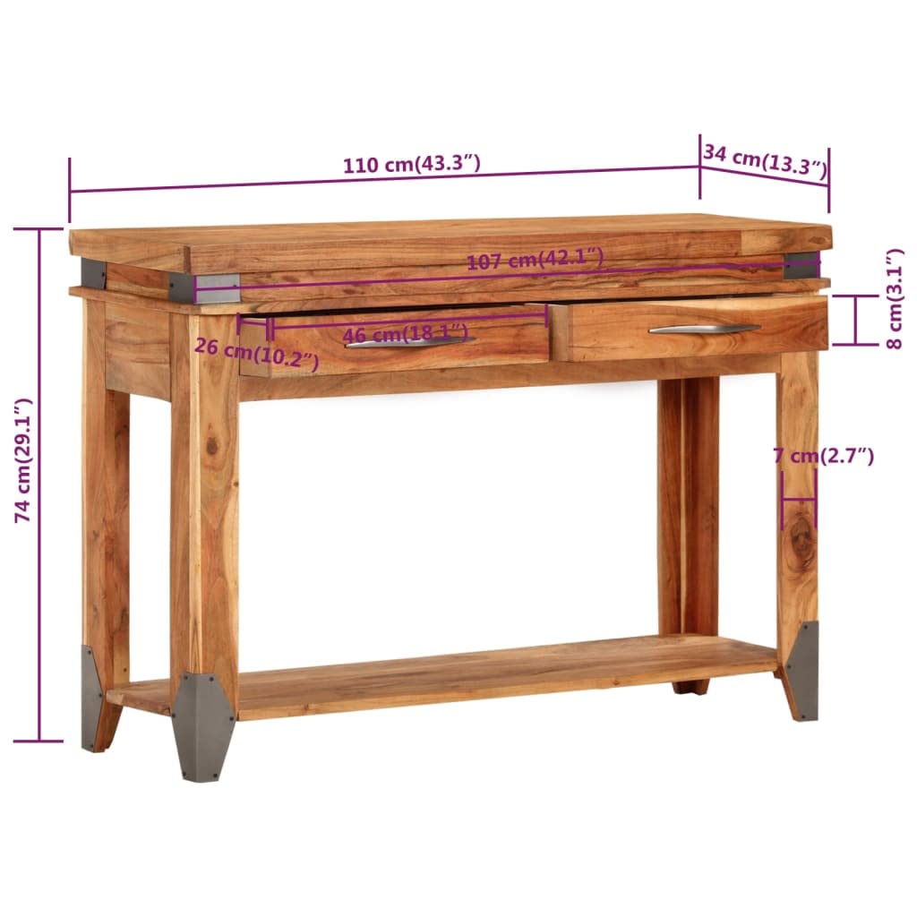 Mesa consola clásica de madera maciza de acacia con 2 cajones y tablero robusto para un almacenamiento elegante y una presentación elegante en el salón