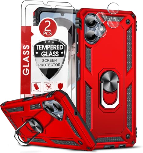 LeYi Funda para Samsung Galaxy A06 con 2 Piezas Vidrio Templado y 2 Piezas Protectores Lente Cámara,Armor Carcasa con 360 Anillo Soporte Hard PC y Silicona Antigolpes Case,Rojo