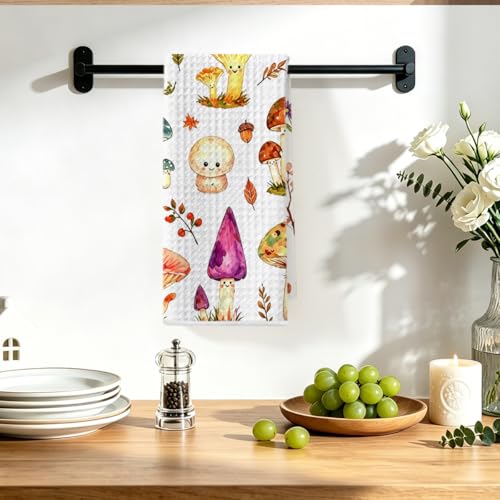 Image of Hanamiya Na Mushroom Cat Kitchen Towels 24x14 Inch, Cute Mushroom Reusable Dish Towels for Kitchen Bathroom Decor, Waffle Weave Hand Cloth Tea Towel, Cat Lover Gifts for Women Girls Friend