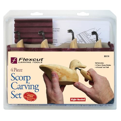 Image of Flexcut Wood Carving Tools | Right-Handed Scorp Set of 4 | Razor-Sharp 1095 High Carbon Steel Blades | 4-Pocket Tool Roll Included | KN150 | Made in the U.S.A.