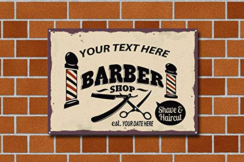 Letrero retro de metal esmaltado personalizado de 8 x 12 pulgadas con texto en inglés «Barberers Shophave Your Shop Name & Date»