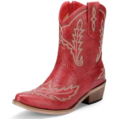 Women's Western Cowboy Booties Fashion Black Cowgirl Boots with Low Block Heel Embroidery Short Ankle Boots Walking Boots for Country Concert Disco Outfits