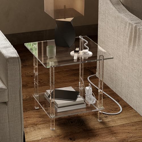 Eglaf Large Acrylic End Table - 20 Inch Square Side Table with Charging Station - 2 Tier Nightstand Bedside Table for Living Room, Bedroom, 20.1\'\' L x 20.1\'\'W x 20.3\'\' H - Thumbnail 2