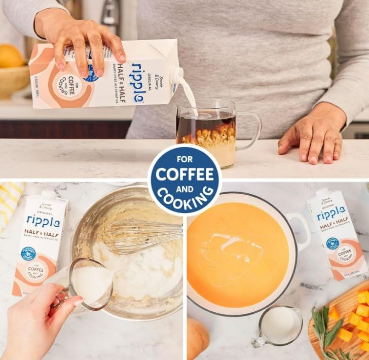 Image of Ripple Half & Half Plant Based Milk | Smooth & Creamy | Sugar Free, Allergen Free | Shelf Stable | Vegan, Non GMO Certified | Dairy, Soy, Nut, Gluten, & Lactose Free | 32 Fl Oz Cartons (Pack of 3)