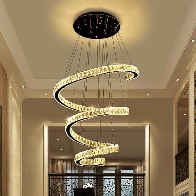 Grande lampadario di cristallo per soffitti alti, moderno, rotondo, a spirale, grande, a LED, lampadario lungo regolabile per ingresso, scala, soggiorno, sala da pranzo, cucina, isola, cam