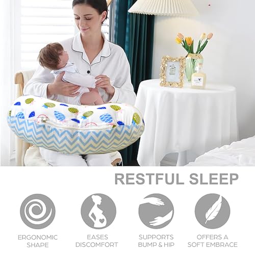 Image of VParents Multipurpose Baby Feeding Nursing Cum Maternity Pillow for New Born Cotton, Recommended for Maternity, Nursing, Medical Fruity (Blue) 110590