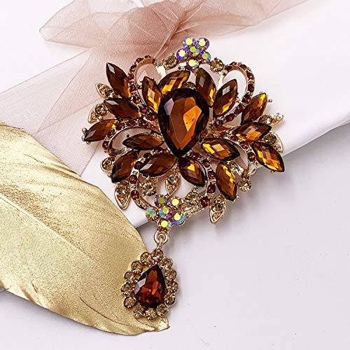 Image of LAXPICOL Wedding Bridal Big Brown Crystal Rhinestone Bouquet Brooch Pin for Women Golden Tone